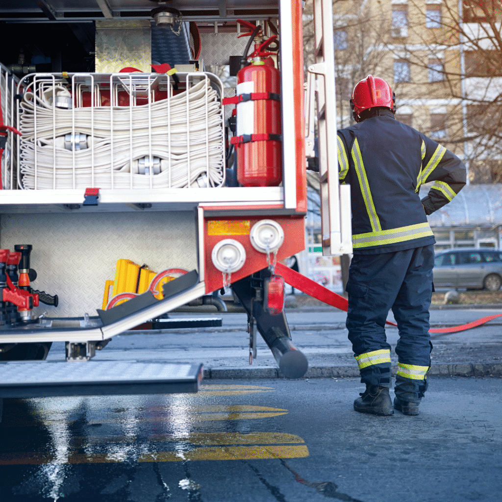 Image of Fire truck and firefighter